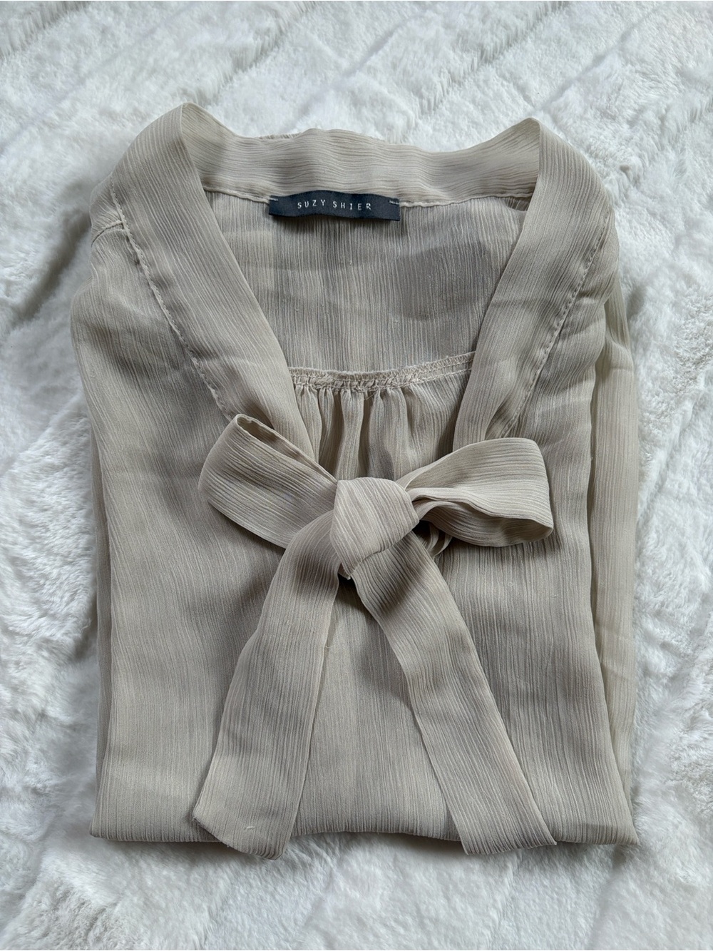 Suzy Shier Beige Tie-Neck Ruffle Sleeve Blouse